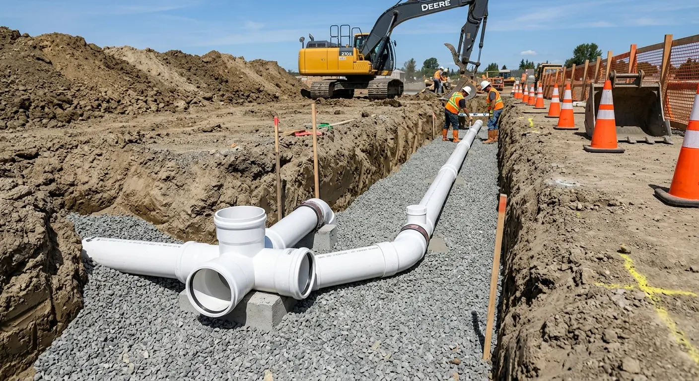 New PVC sewer pipe installation in open trench for Sewer Backup in Canyon Lake