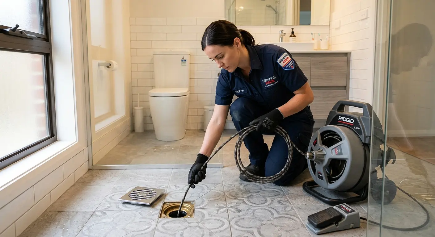 Technician clearing a bathroom floor drain for Sewer Line Replacement in Canyon Lake